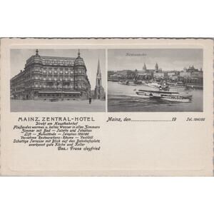 Mainz Zentral Hotel Germany Ludwig Feist 1930 Dual View Rhine River Postcard